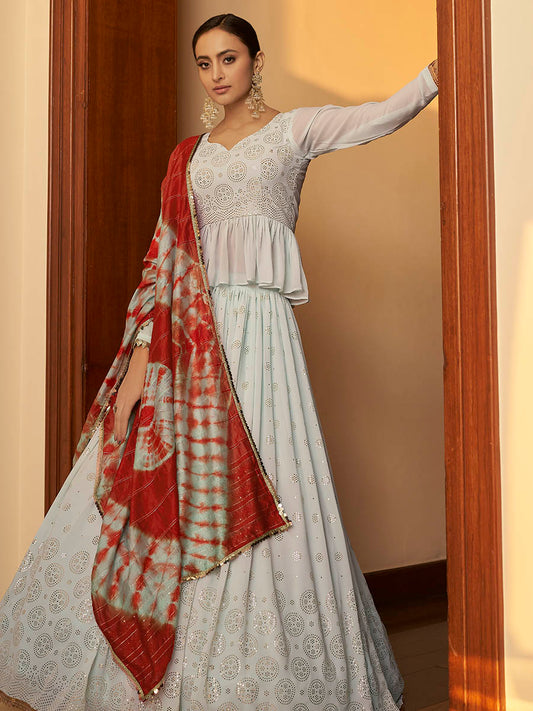 स्काई मल्टीकलर शिबोरी प्रिंट डिज़ाइनर लहंगा