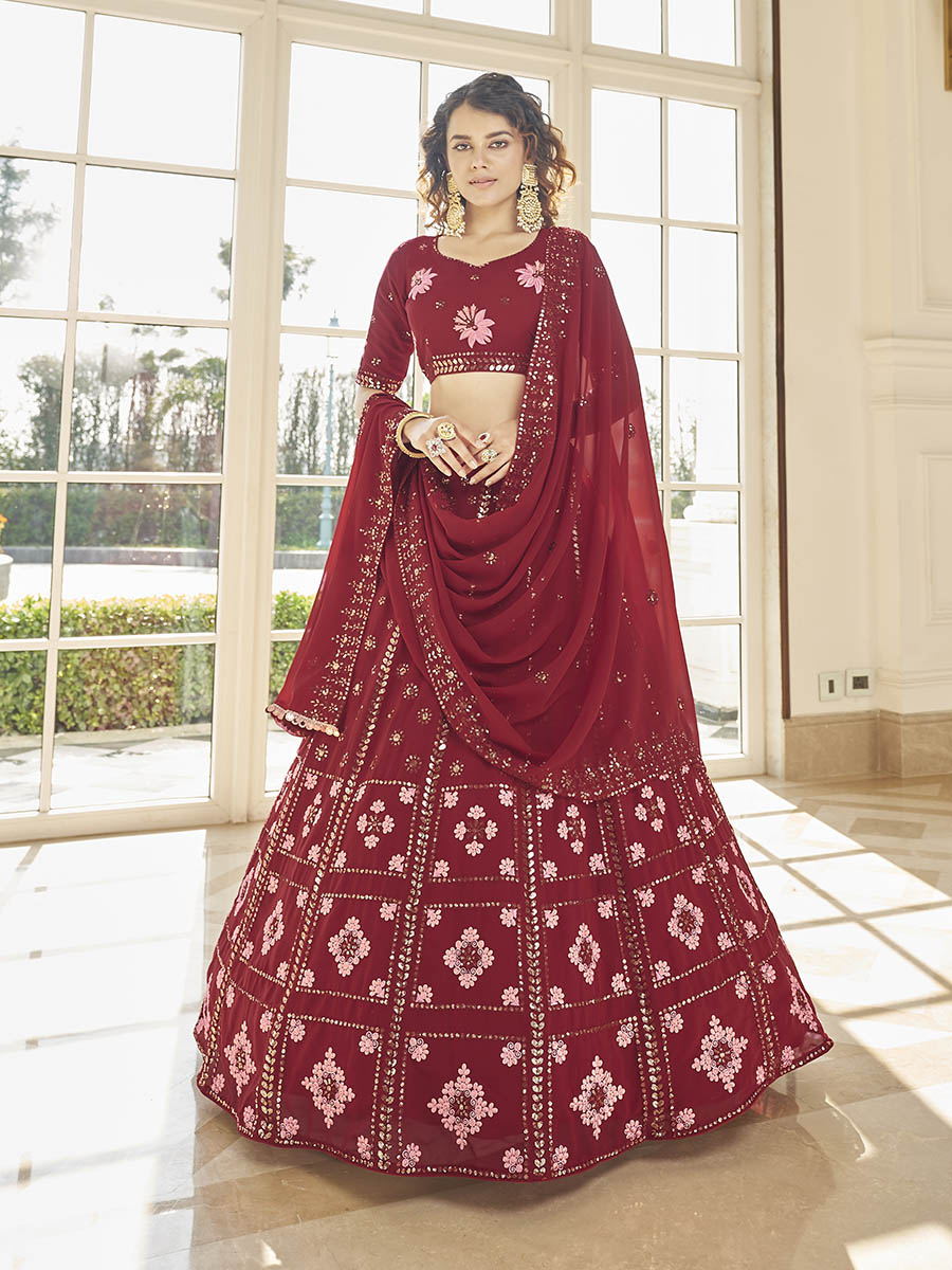 Red Georgette Embroidered Designer Lehenga