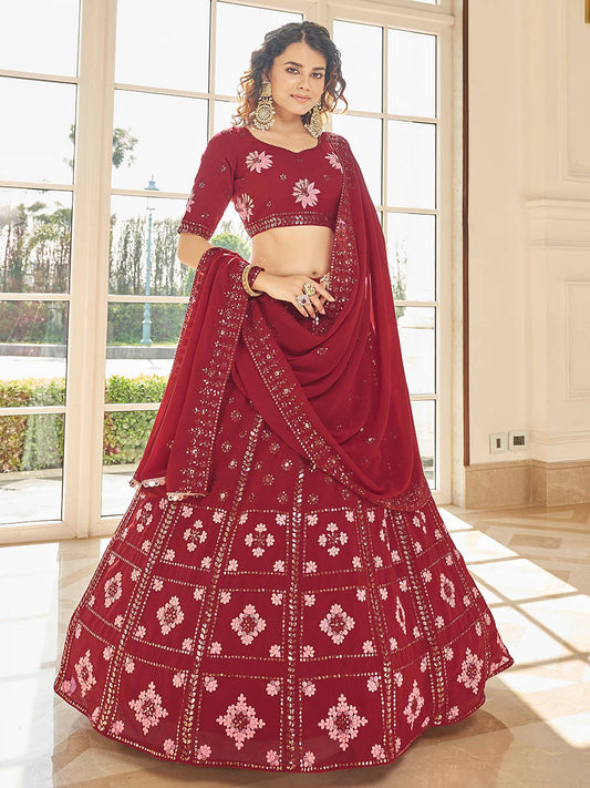 लाल जॉर्जेट कढ़ाई वाला डिजाइनर लहंगा