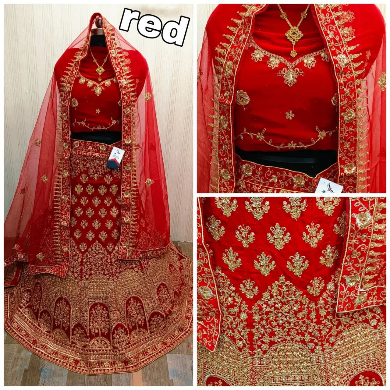 डायमंड वर्क के साथ डिजाइनर कढ़ाई लाल दुल्हन लेहेंगा चोली