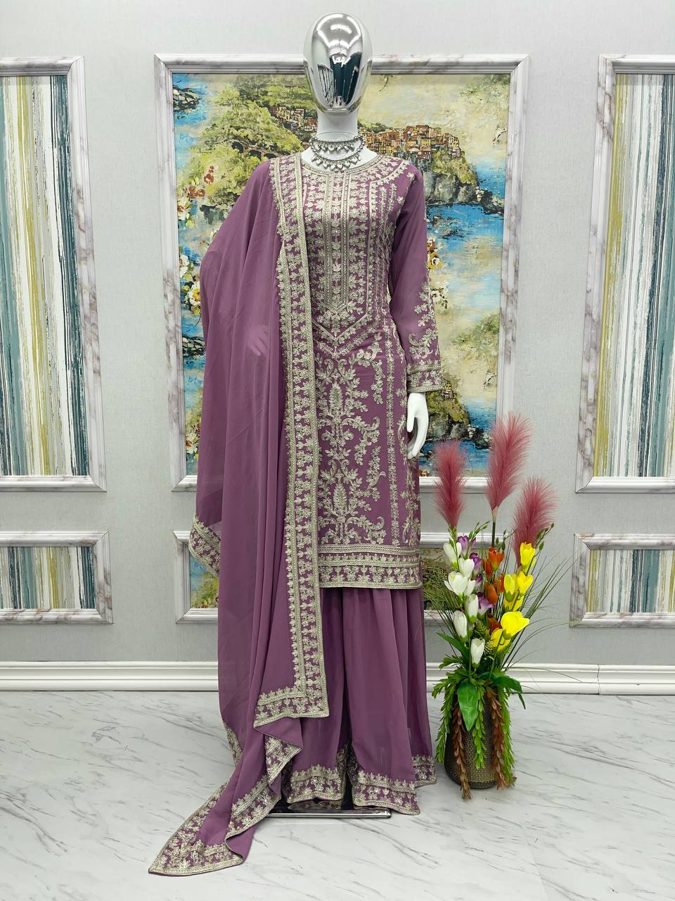 Glorious Dusty Pink Color Embroidered Sharara Suit