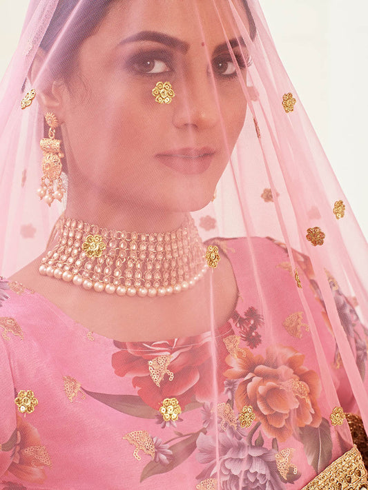 गुलाबी पुष्प प्रिंट कढ़ाई डिजाइनर लेहेंगा