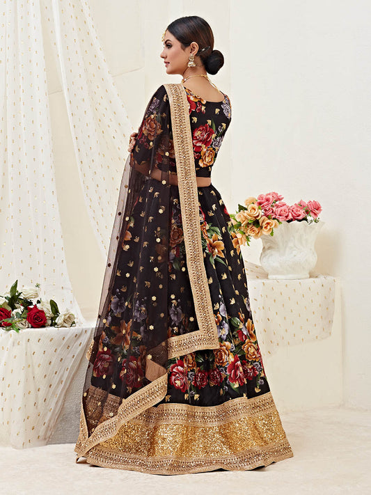 ब्लैक फ्लोरल प्रिंट कढ़ाई वाला डिज़ाइनर लहंगा