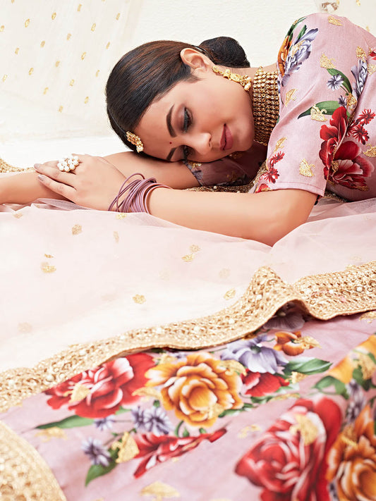 गुलाबी भूरे रंग का पुष्प प्रिंट कढ़ाई वाला डिजाइनर लहंगा