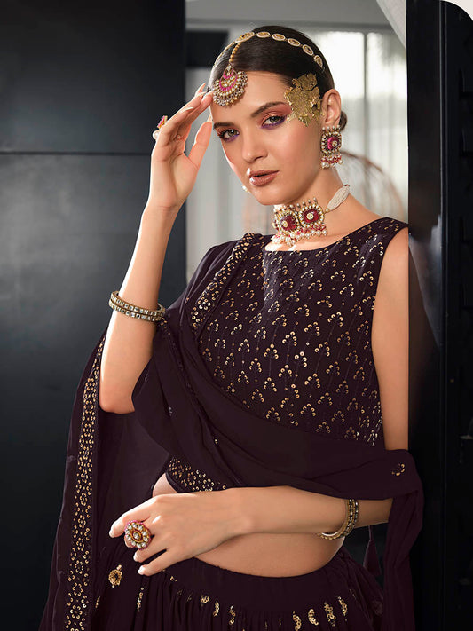 बैंगनी जॉर्जेट कढ़ाई डिजाइनर लेहेंगा