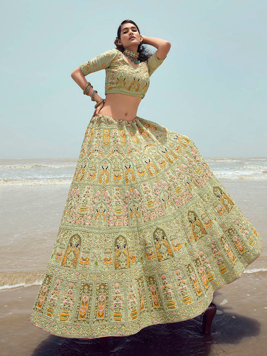 पिस्ता हरा जॉर्जेट कढ़ाई किया हुआ डिज़ाइनर लहंगा चोली