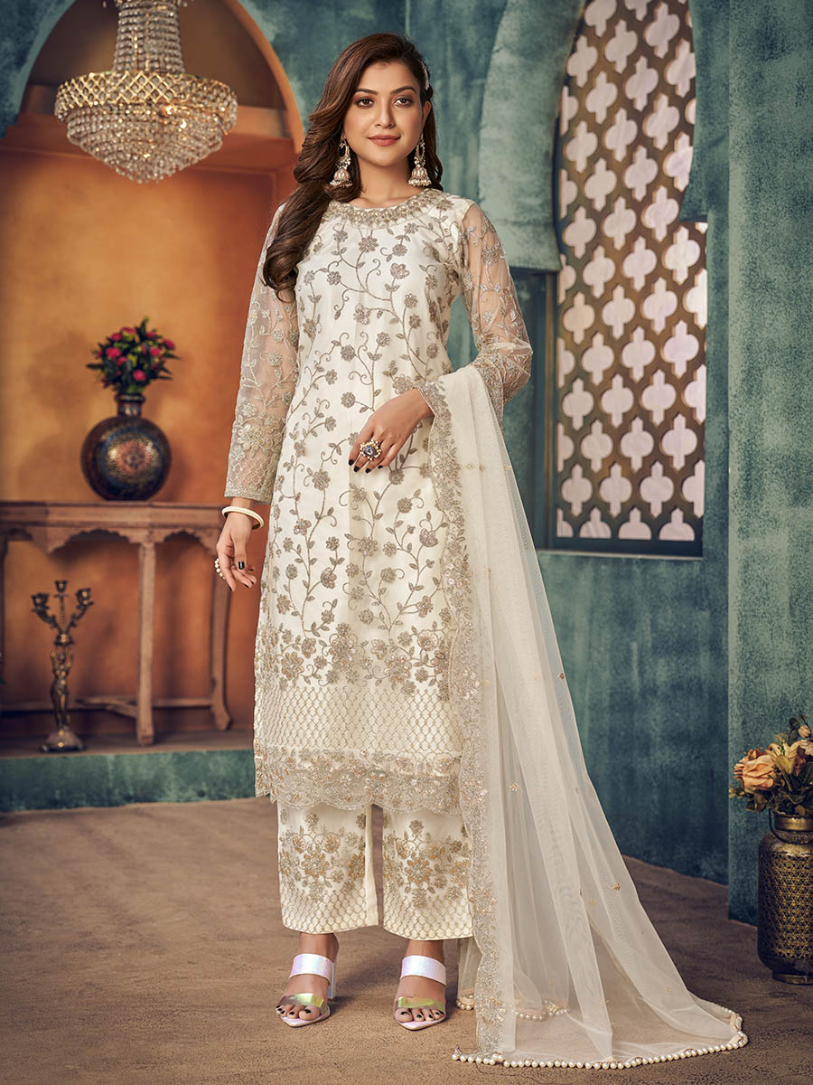 Off White Heavy Embroidered Pant Style Suit