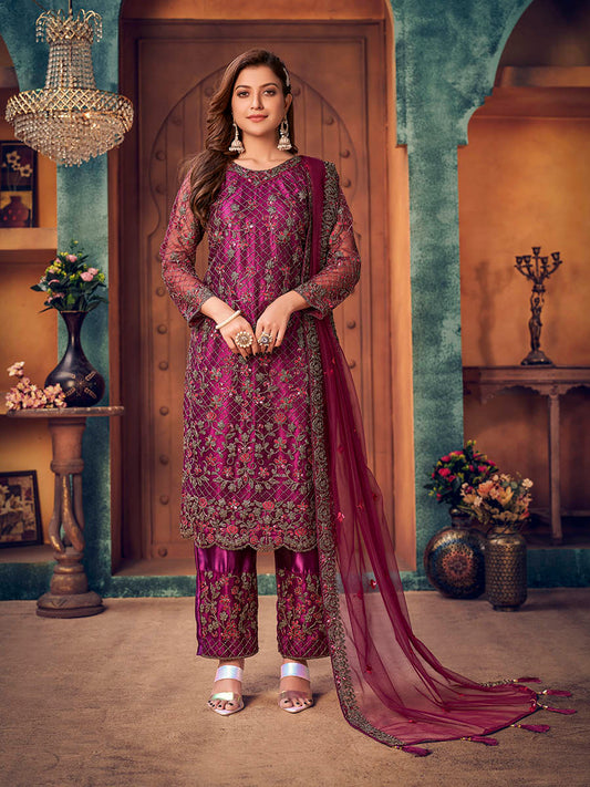 Wine Heavy Embroidered Pant Style Suit