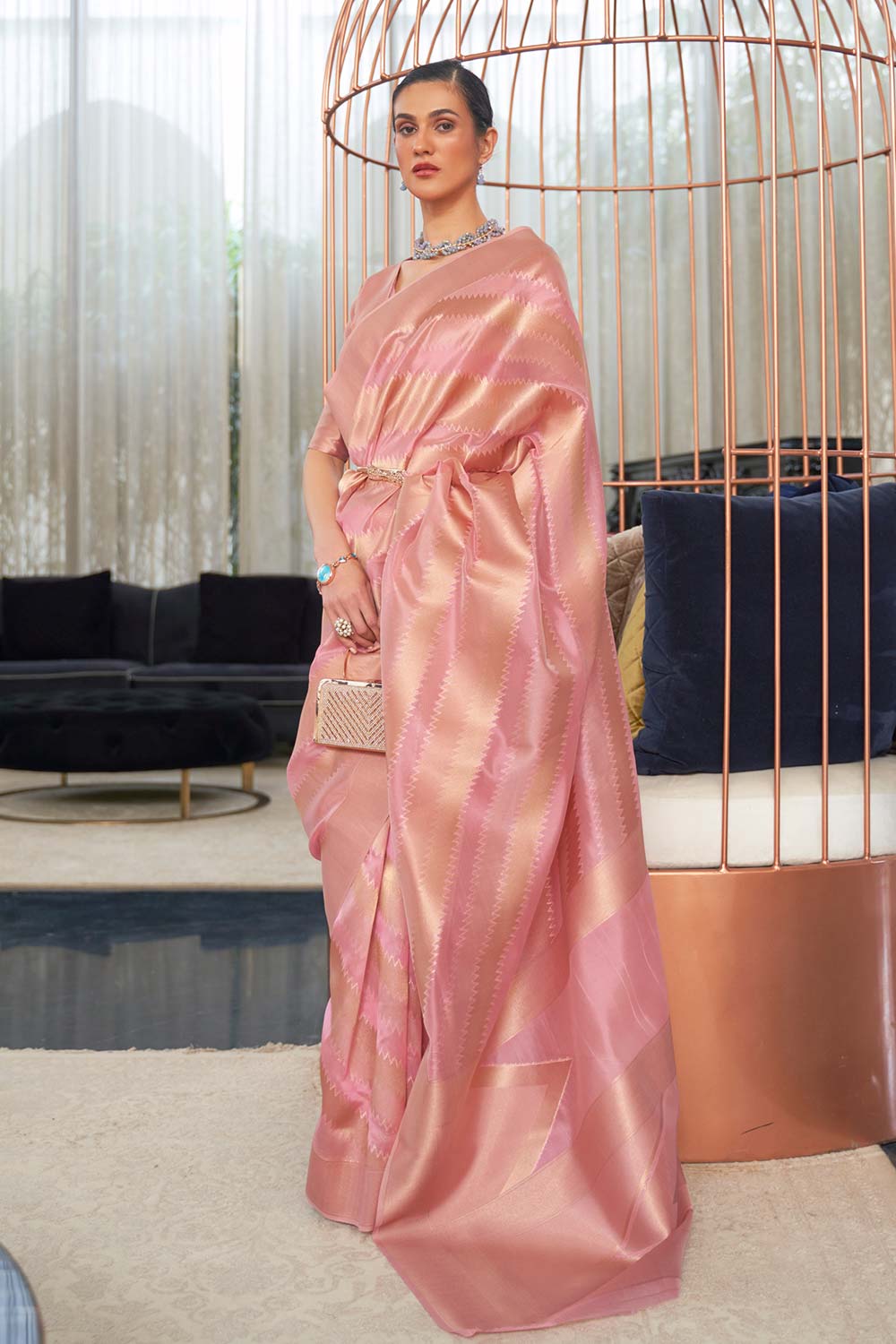 Kelena Pink Organza Lace Saree