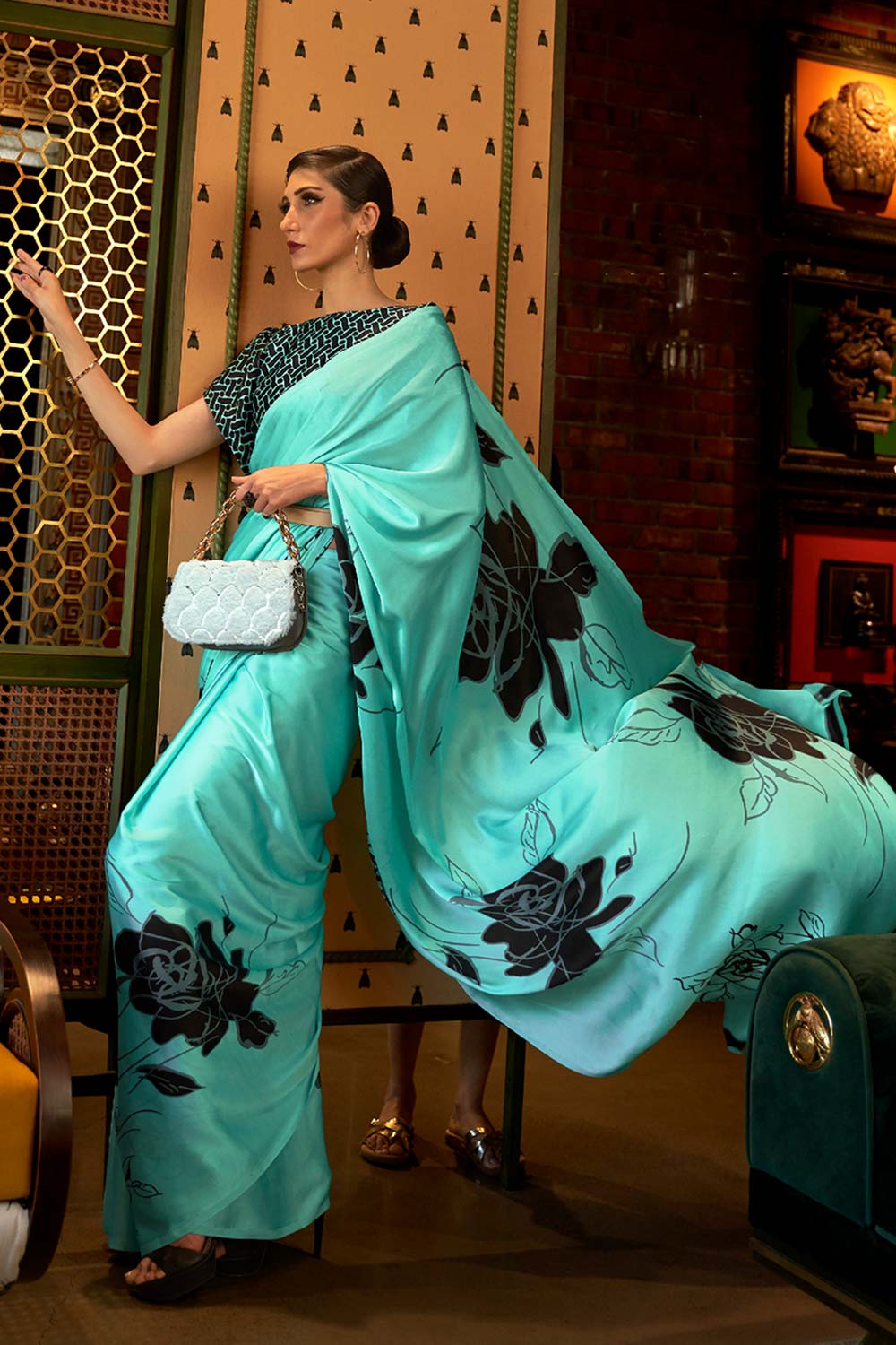 Kalizey Turquoise Rose Print Satin Saree