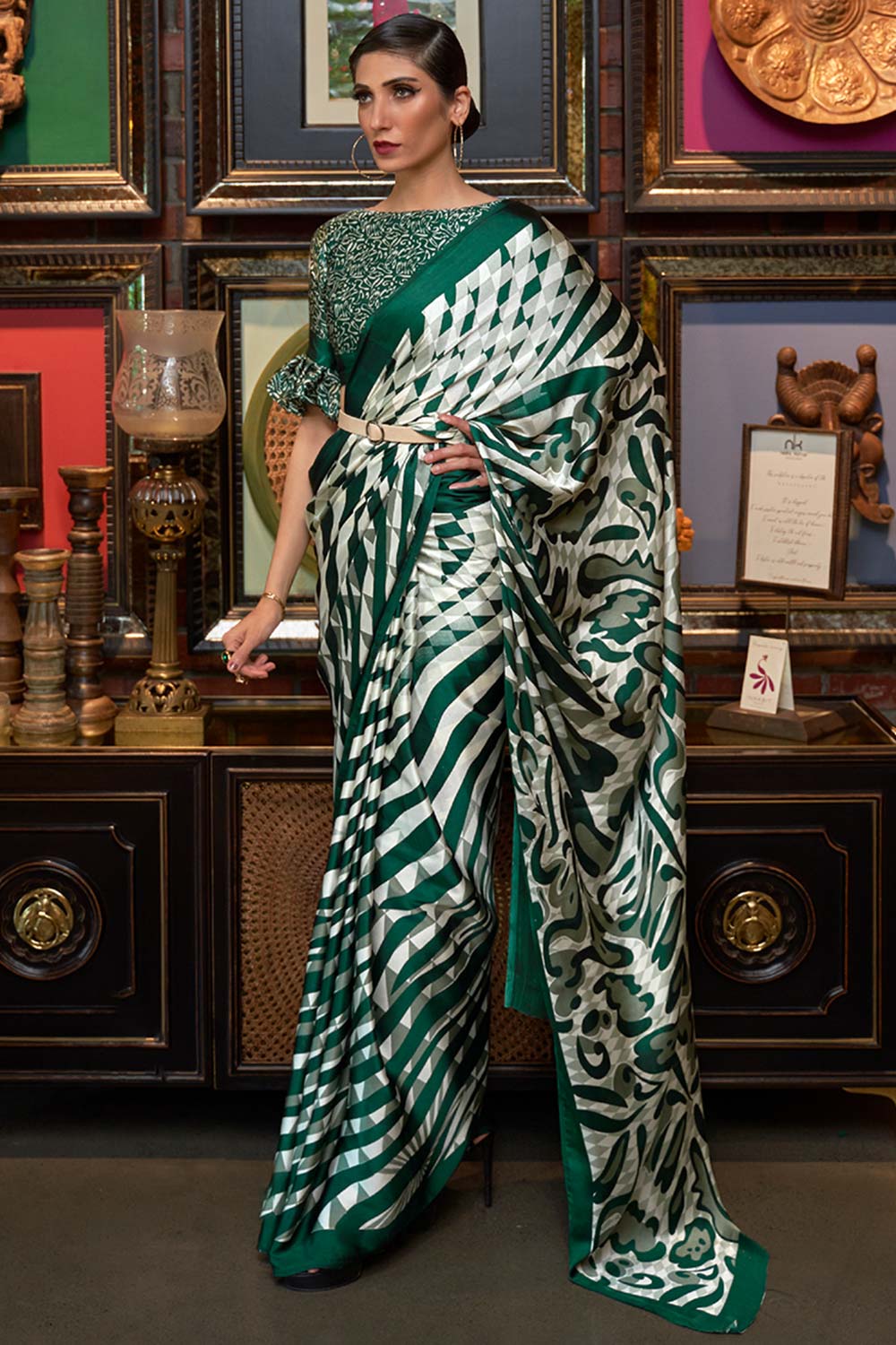 Kalizey Green Printed Satin Saree