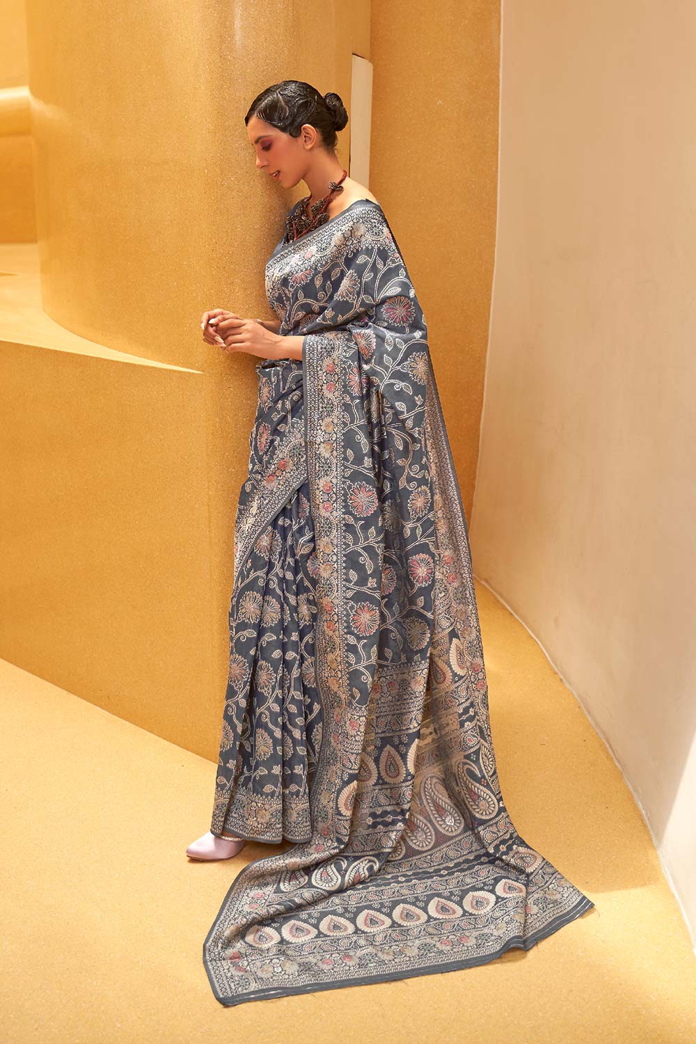 Kitasha Grey Cotton Chikankari Saree