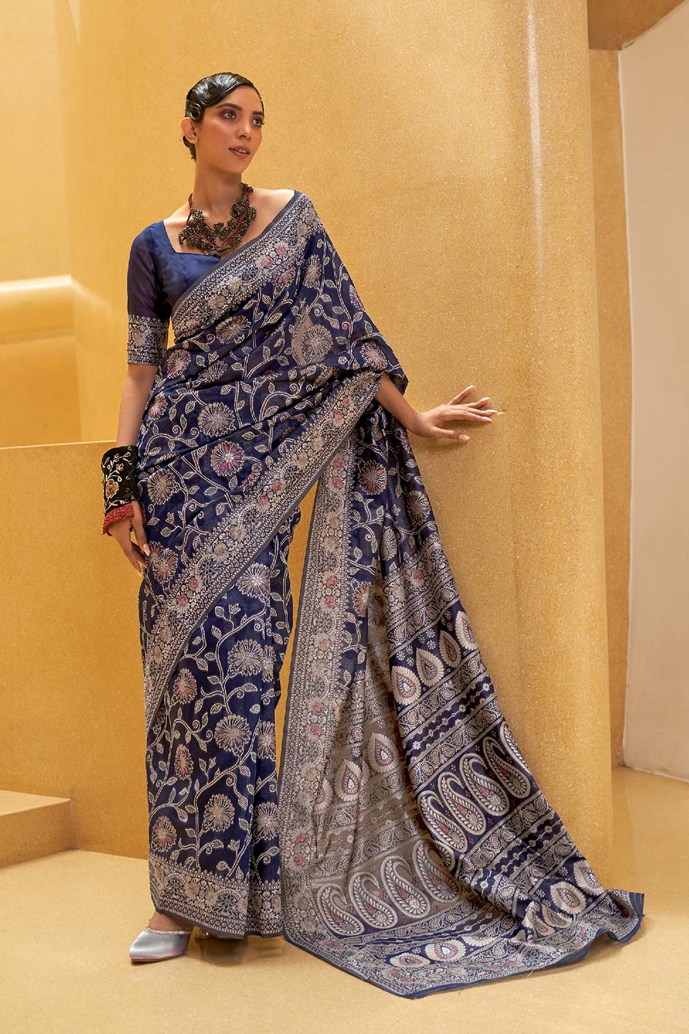 Kitasha Navy Blue Cotton Chikankari Saree