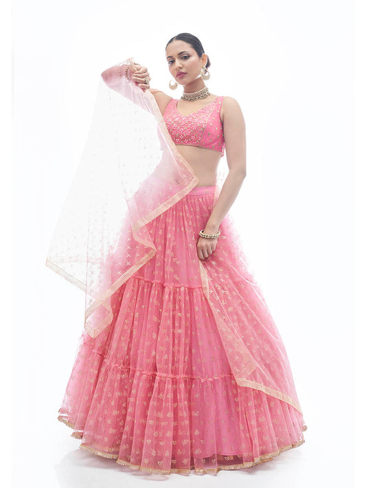 बेबी पिंक आर्ट सिल्क डिज़ाइनर लहंगा