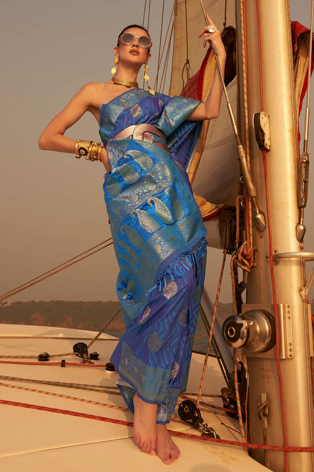 Kingston Navy Blue Satin Nylon Two Tone Weaving Saree