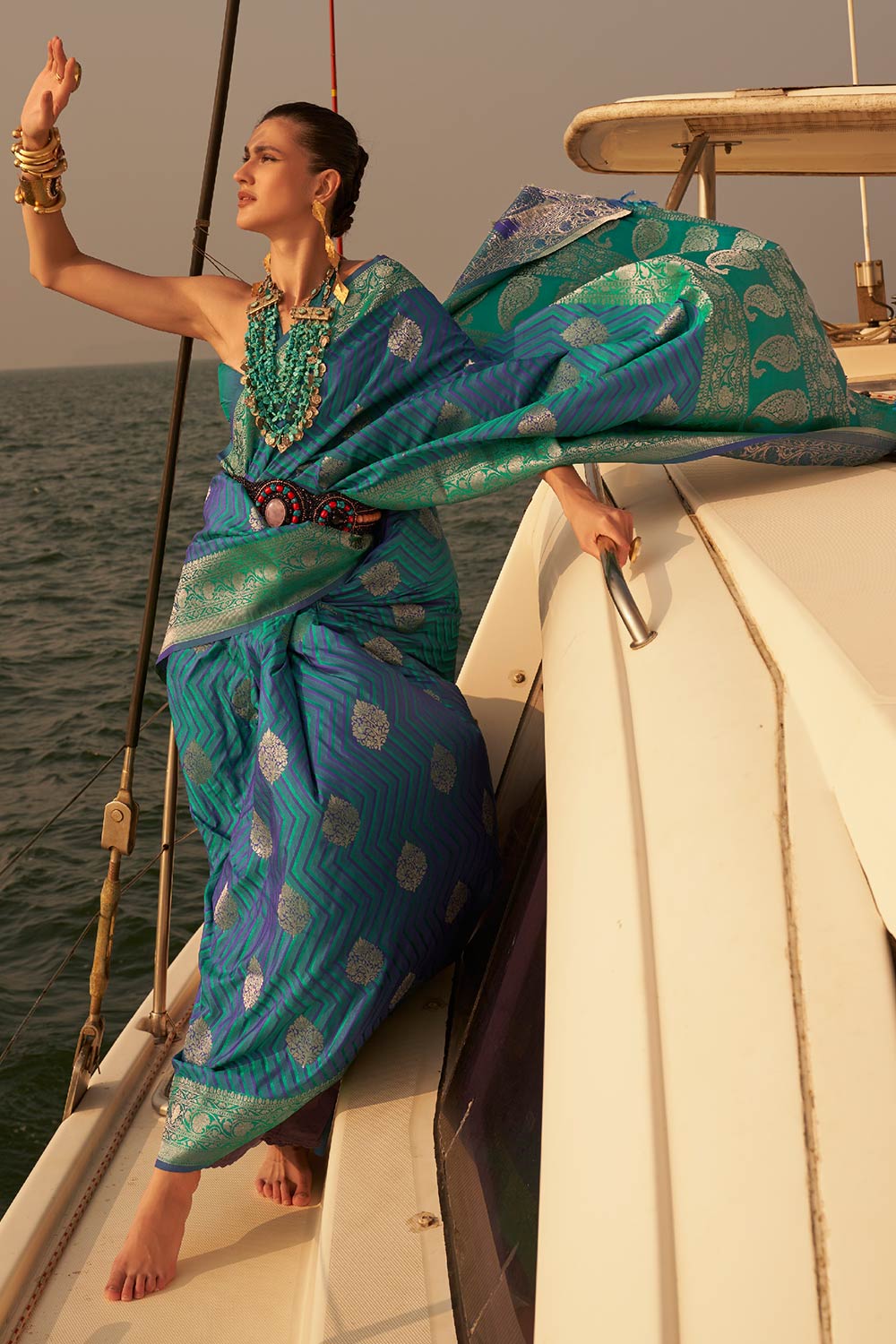 Kingston Blue & Green Satin Nylon Two Tone Weaving Saree