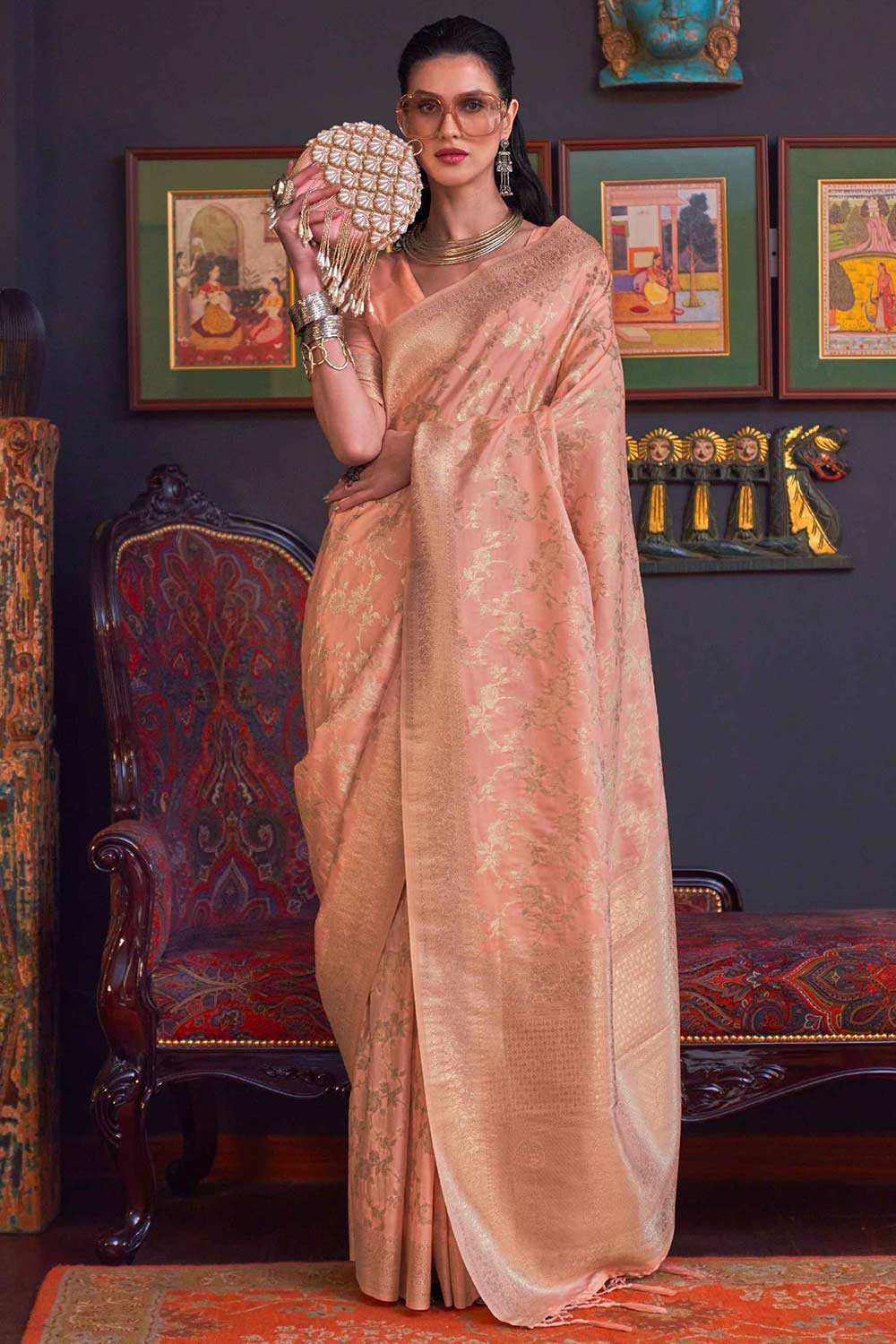 Basma Silk Pink Floral One Minute Saree