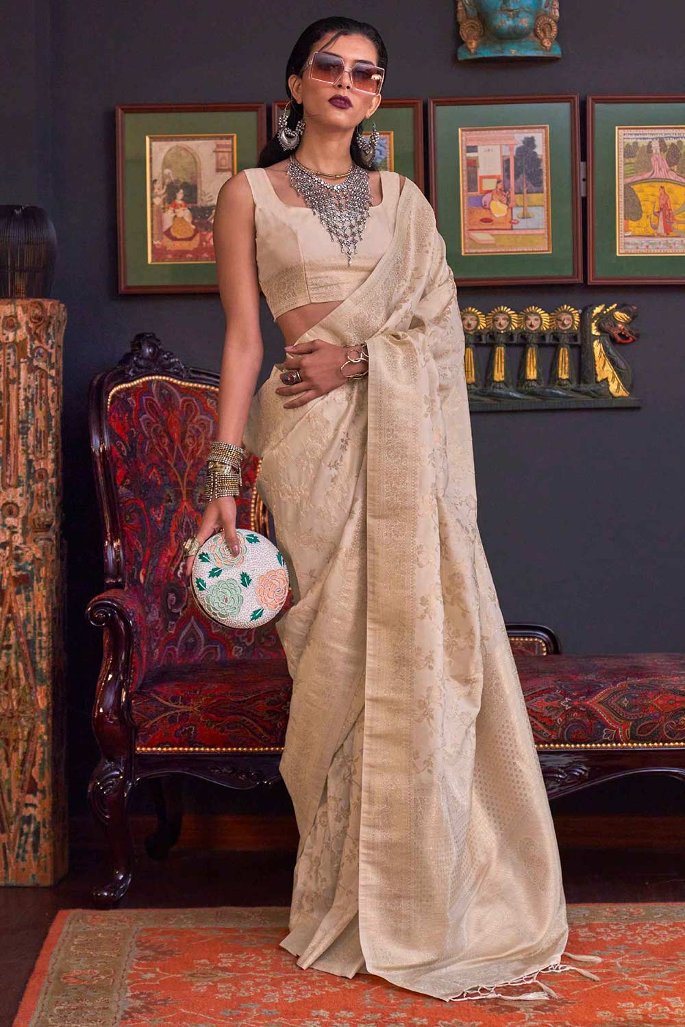 Basma Silk Beige Floral One Minute Saree