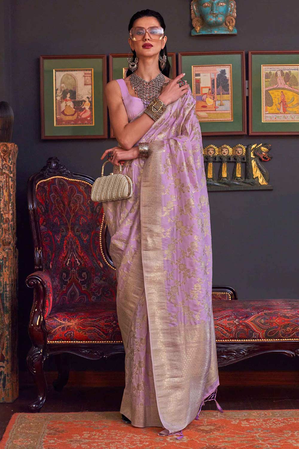 Basma Silk Lavender Floral One Minute Saree