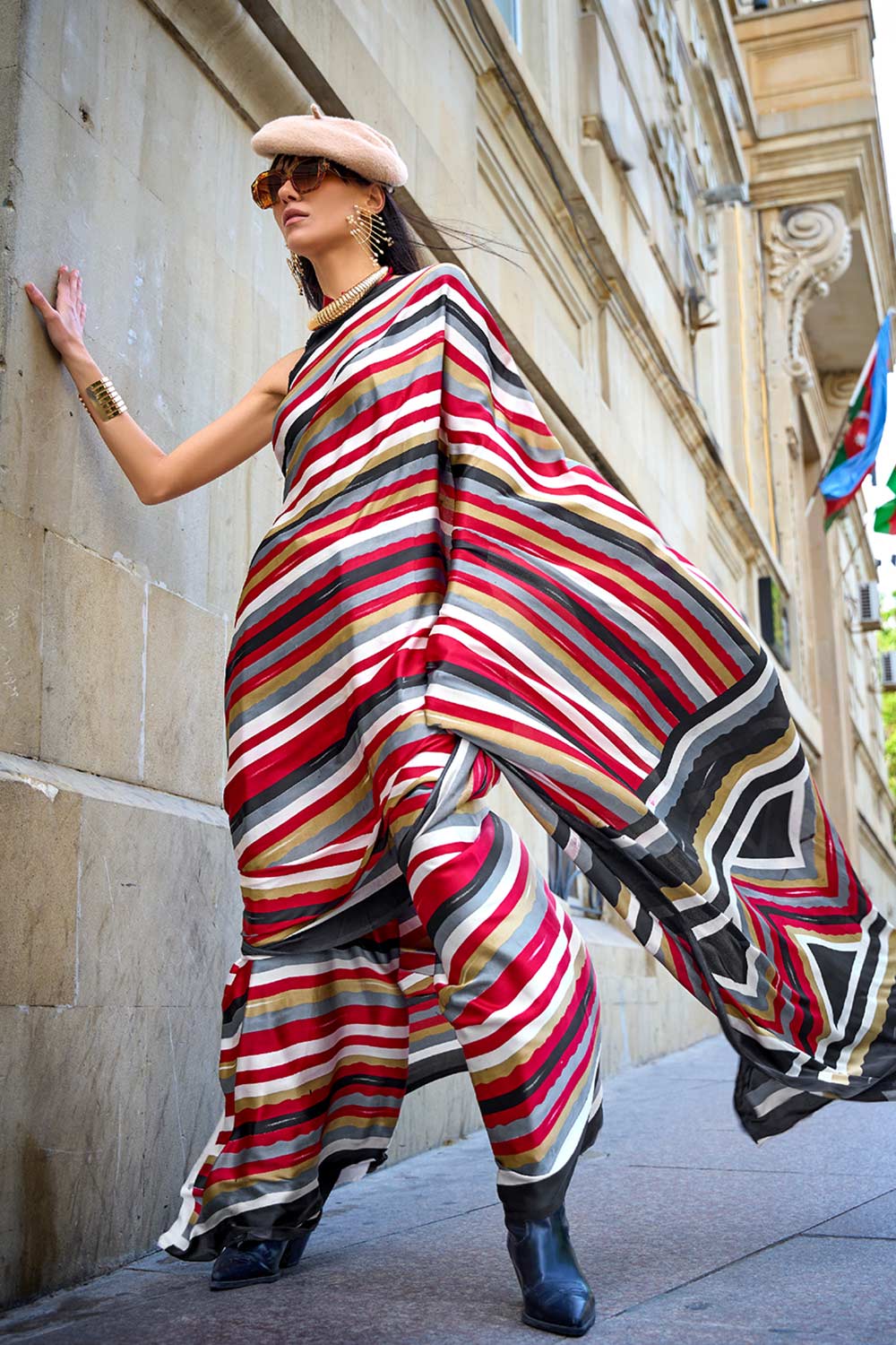 Kubik Multi-Color Stripes Printed Satin Crepe Saree