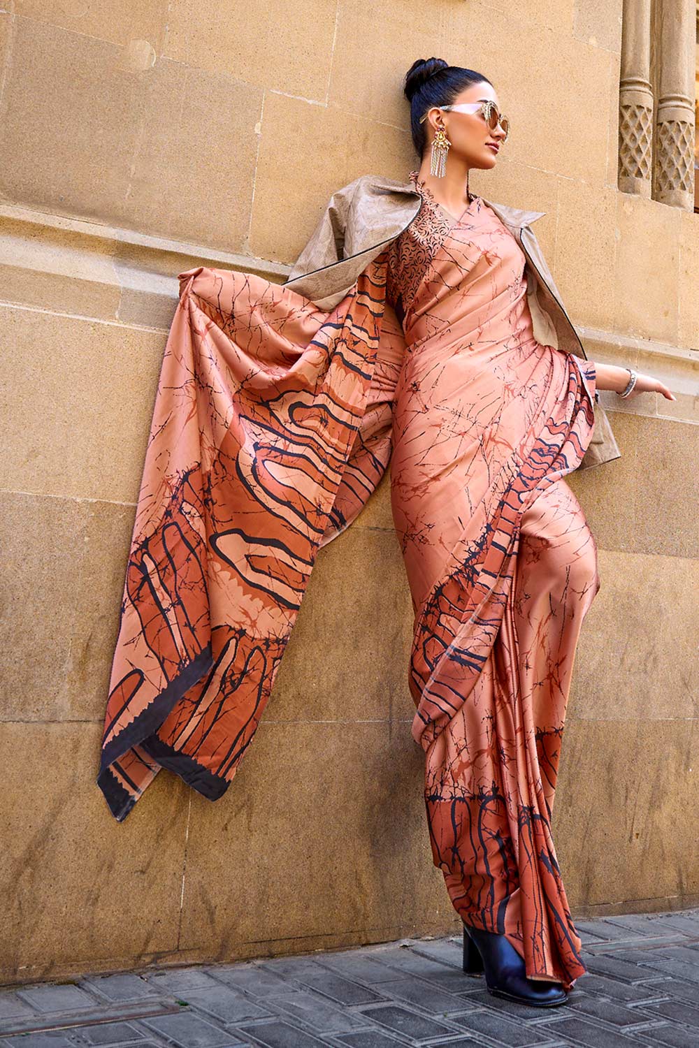 Kubik Orange Abstract Printed Satin Crepe Saree