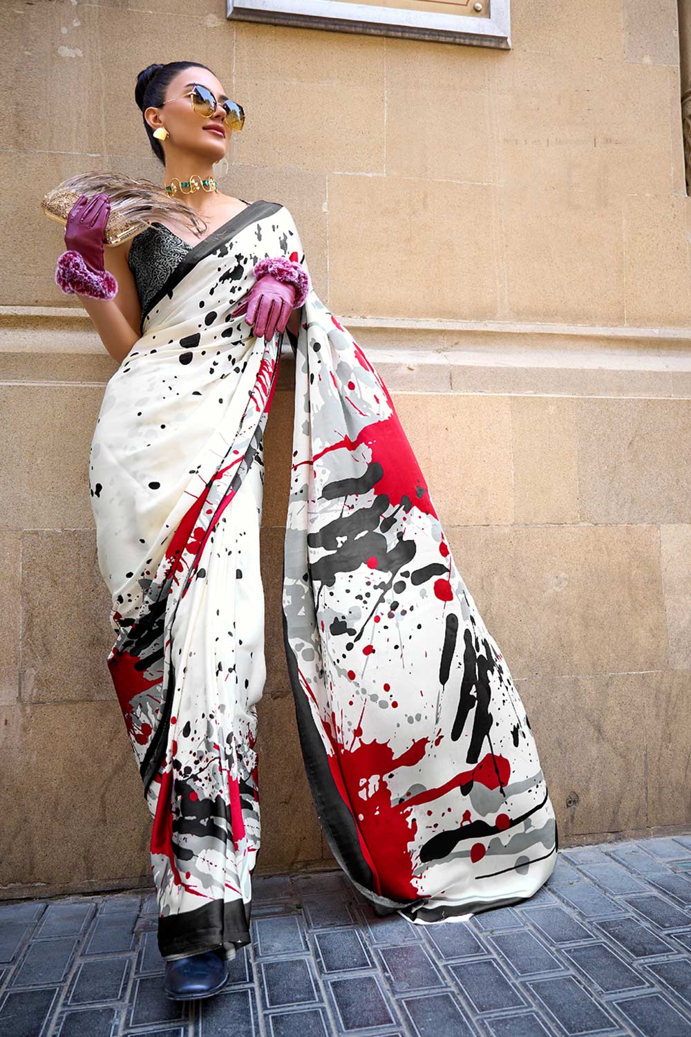Kubik White Abstract Printed Satin Crepe Saree