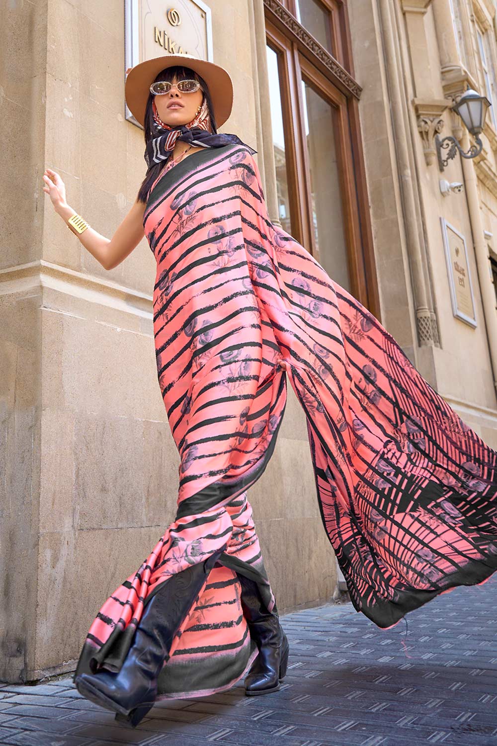 Kubik Pink Printed Stripes Satin Crepe Saree