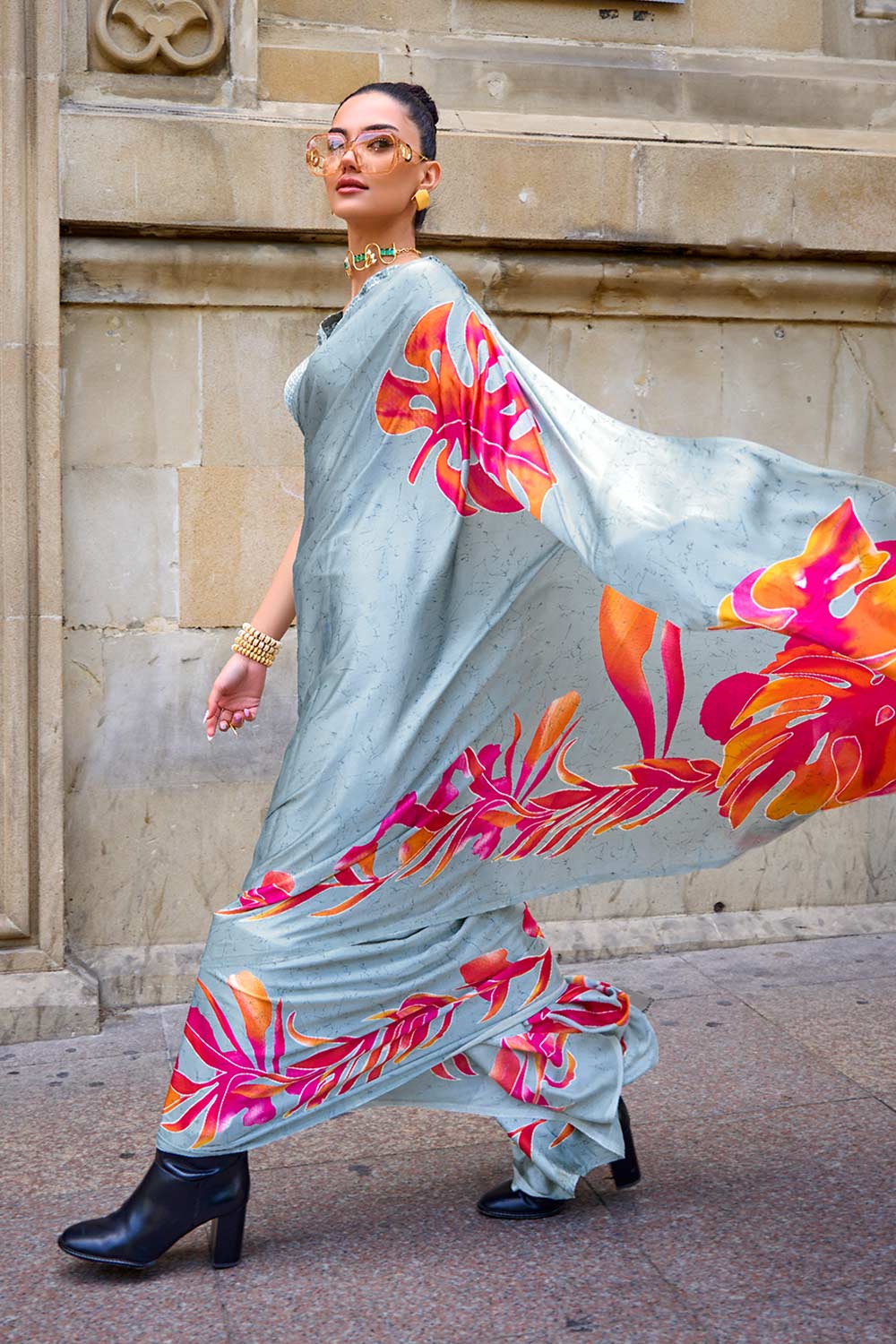 Kubik Grey Floral Print Satin Crepe Saree