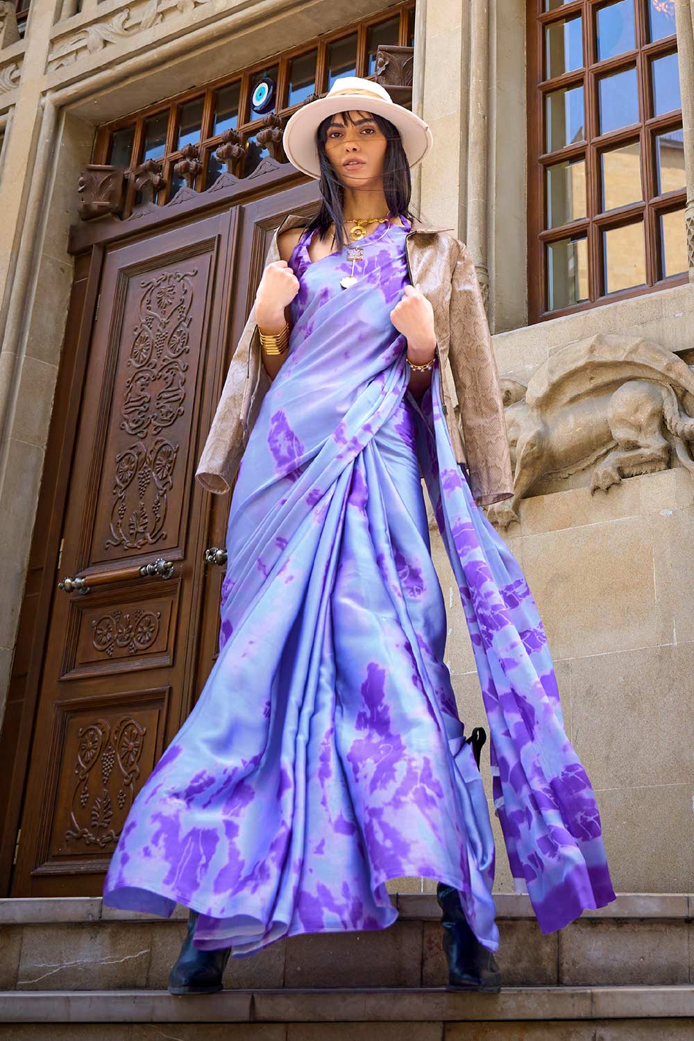 Kubik Purple Abstract Print Satin Crepe Saree