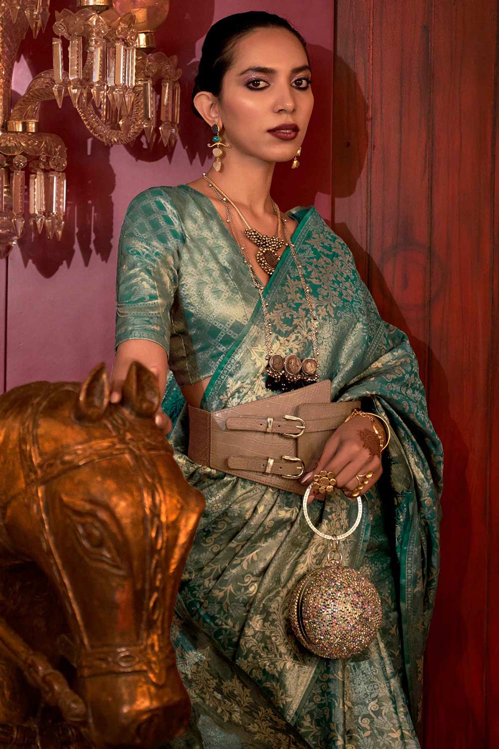 कटिया सिल्क फ़िरोज़ा फ्लोरल वन मिनट साड़ी