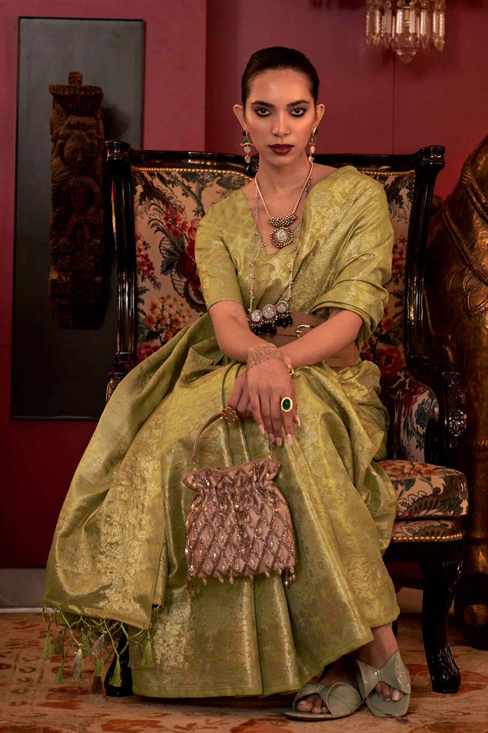 कटिया सिल्क ग्रीन फ्लोरल वन मिनट साड़ी