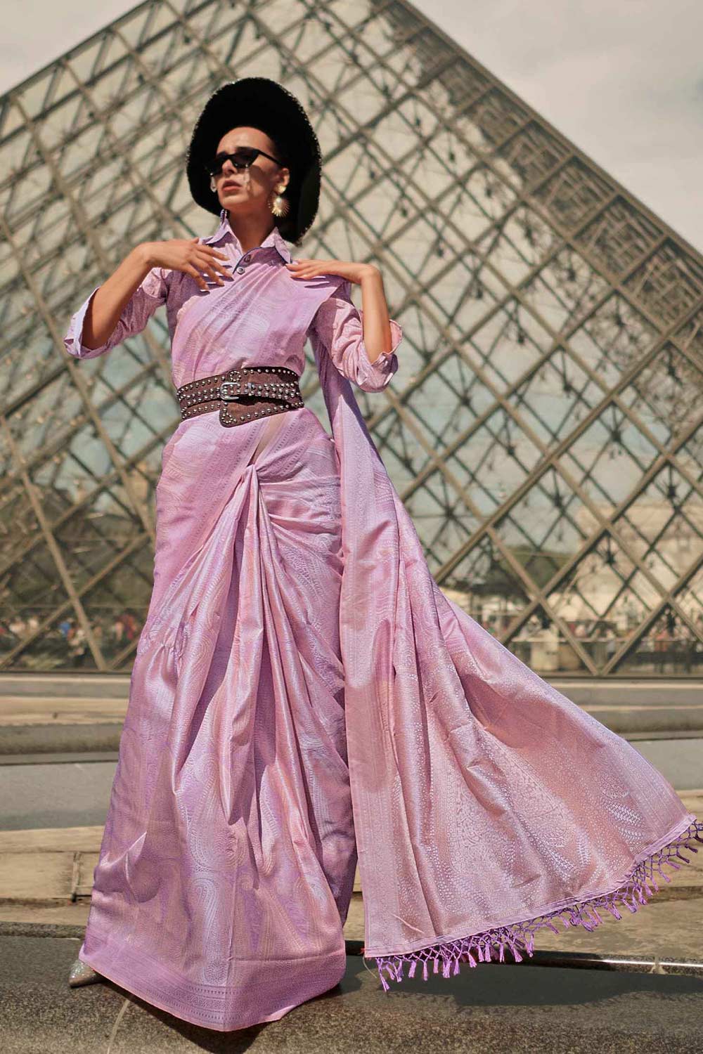 Kaya Silk Lavender Block Print One Minute Saree