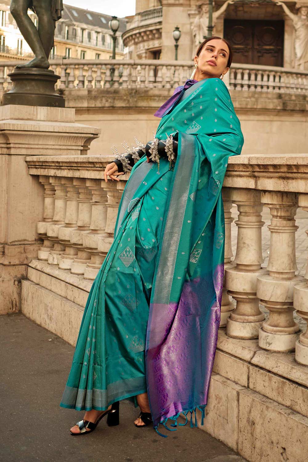 Katrina Silk Turquoise Block Print One Minute Saree
