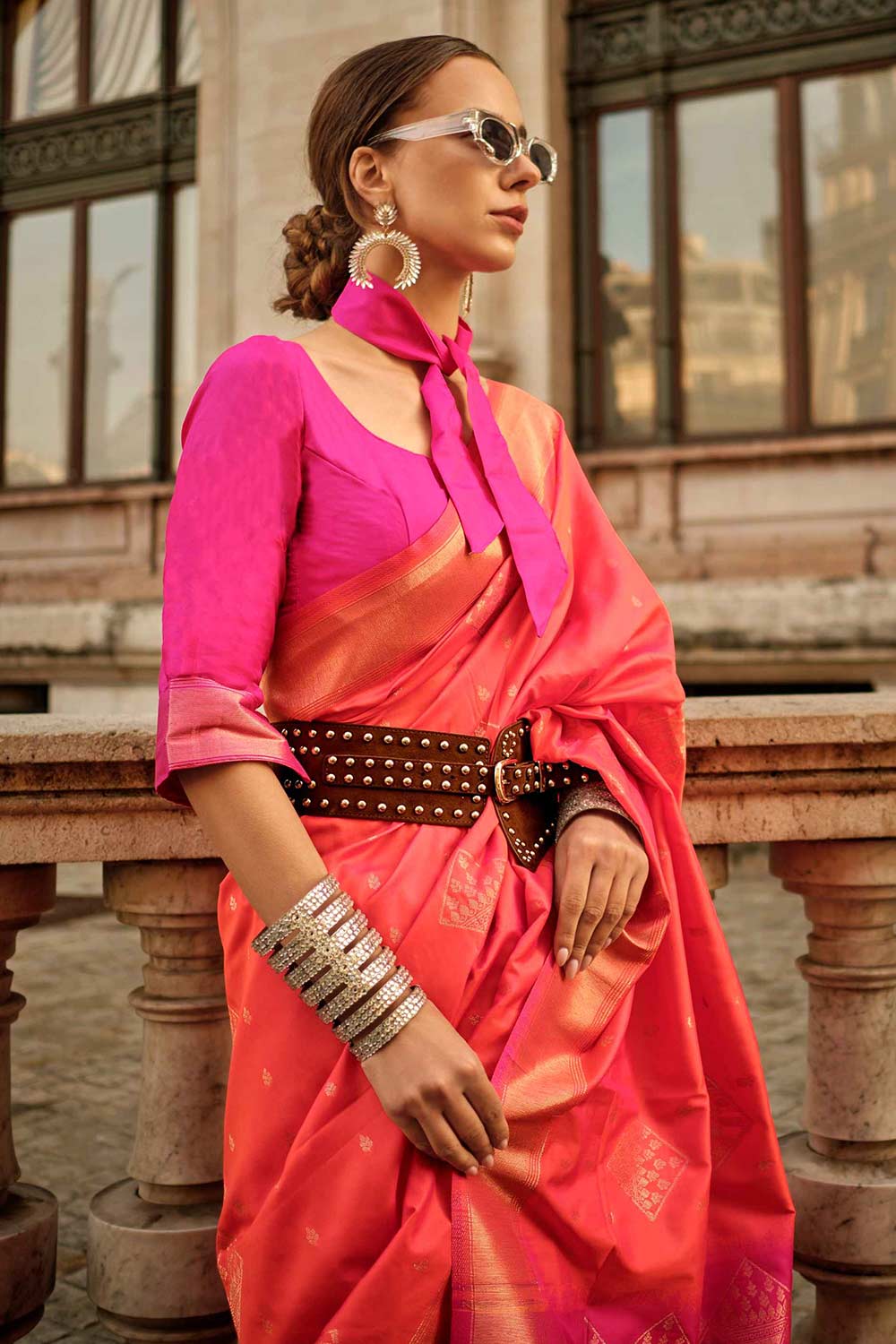 Katrina Silk Orange Block Print One Minute Saree