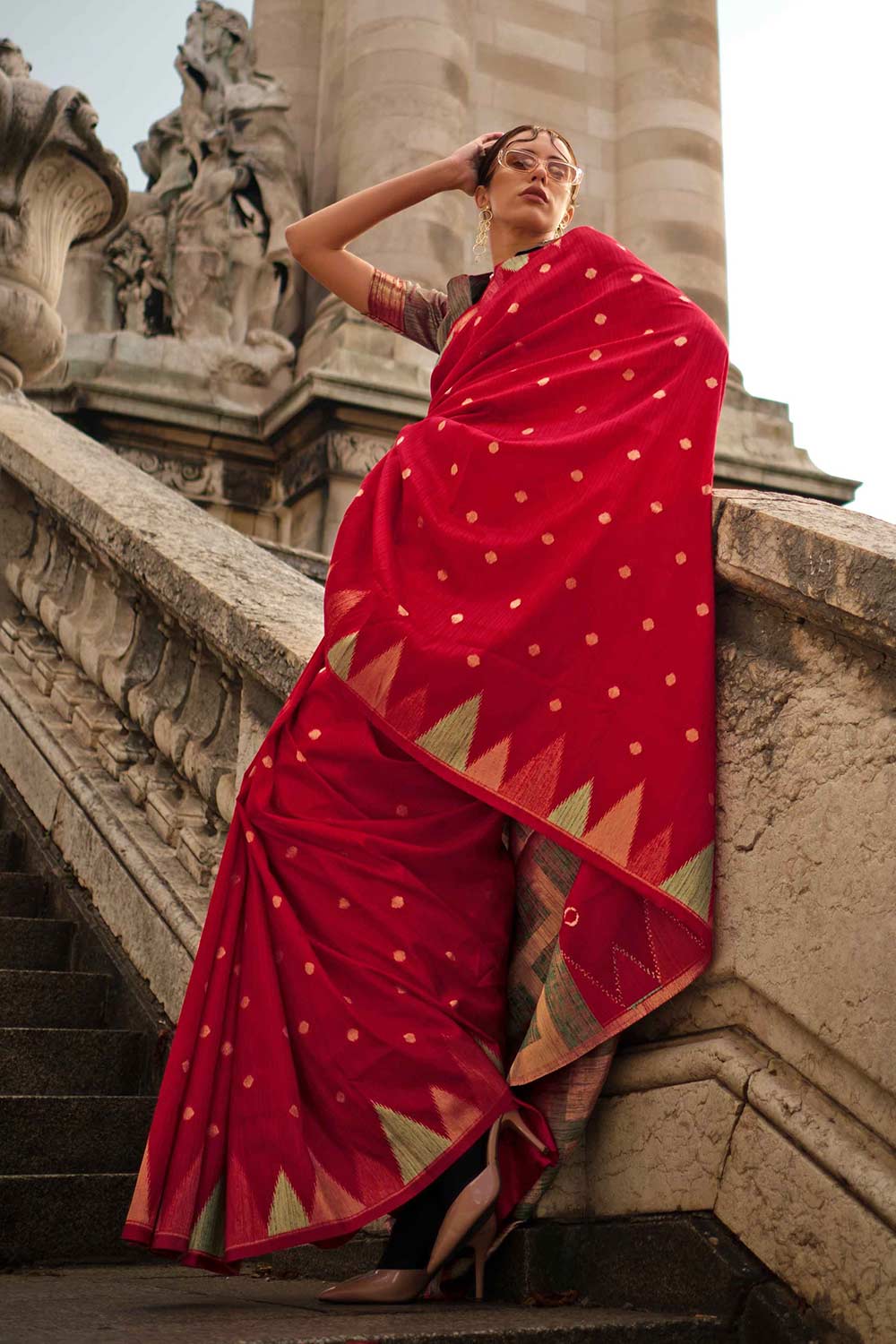 Anjum Silk Red Block Print One Minute Saree
