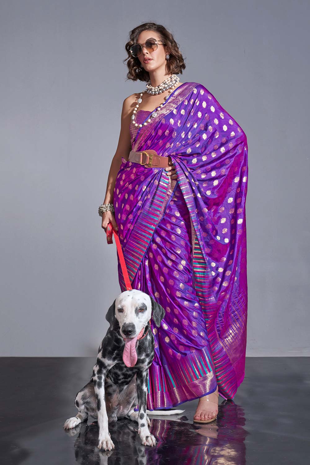Letia Purple Kanoi Silk Foil Print Stripe One Minute Saree
