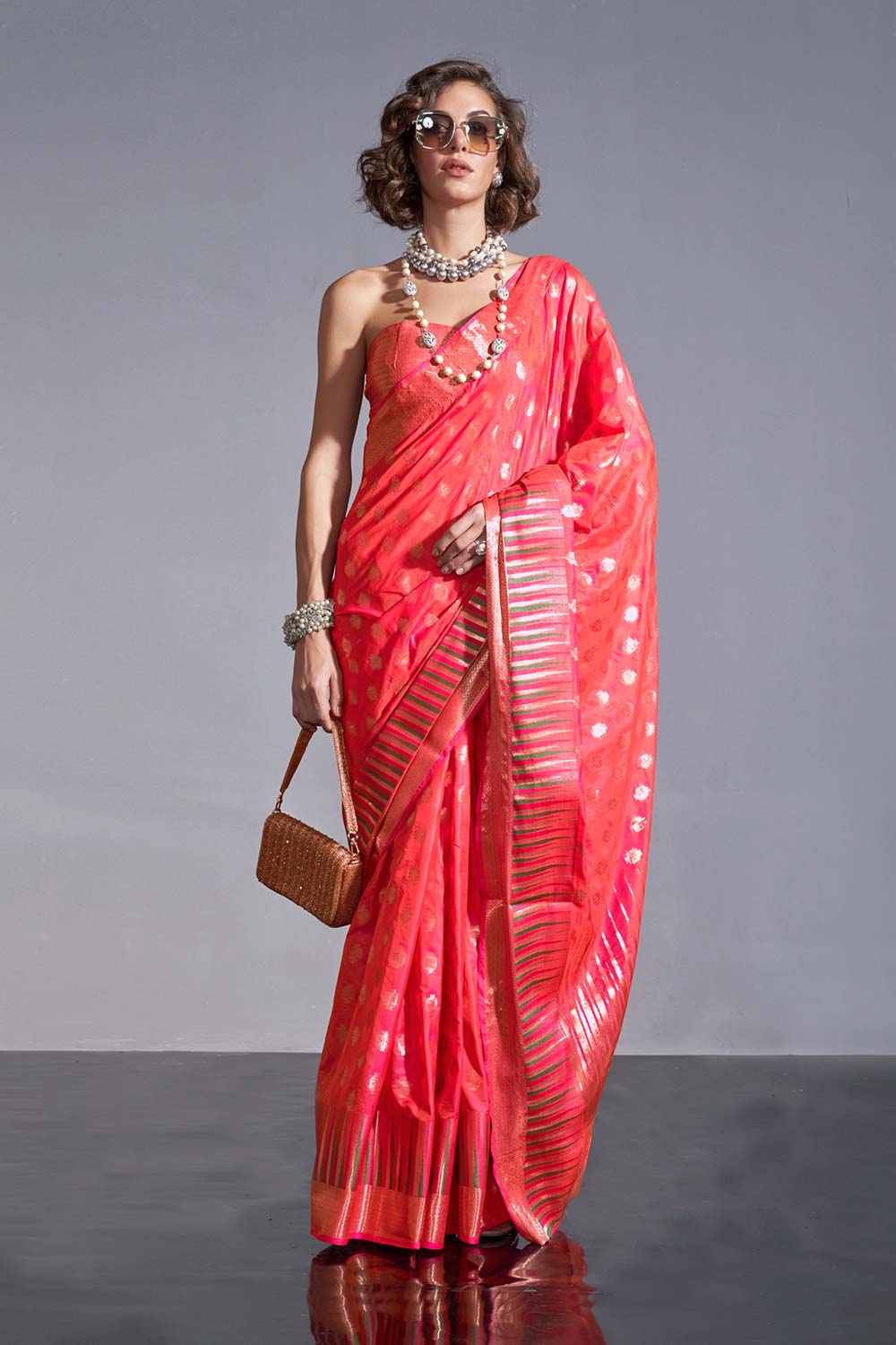 Kayna Coral Kanoi Silk Foil Print Stripe One Minute Saree