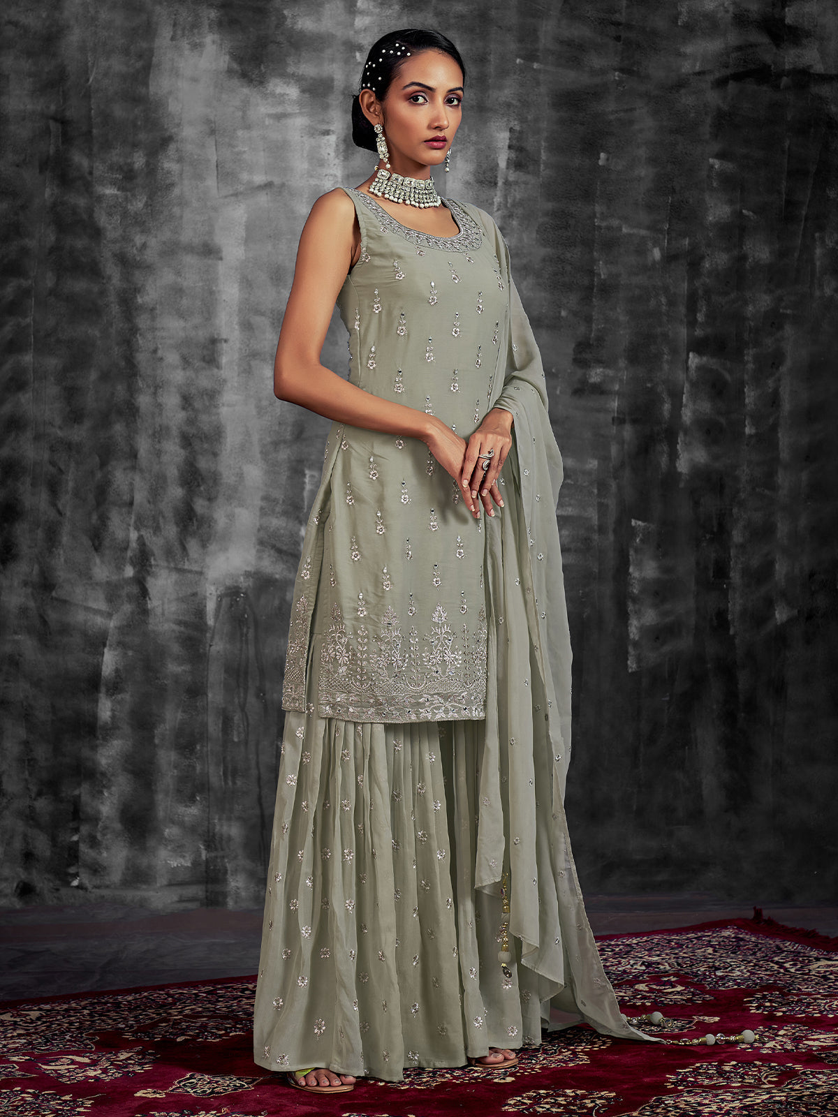 Green Embroidered Georgette Partywear Stitched Kurta Set