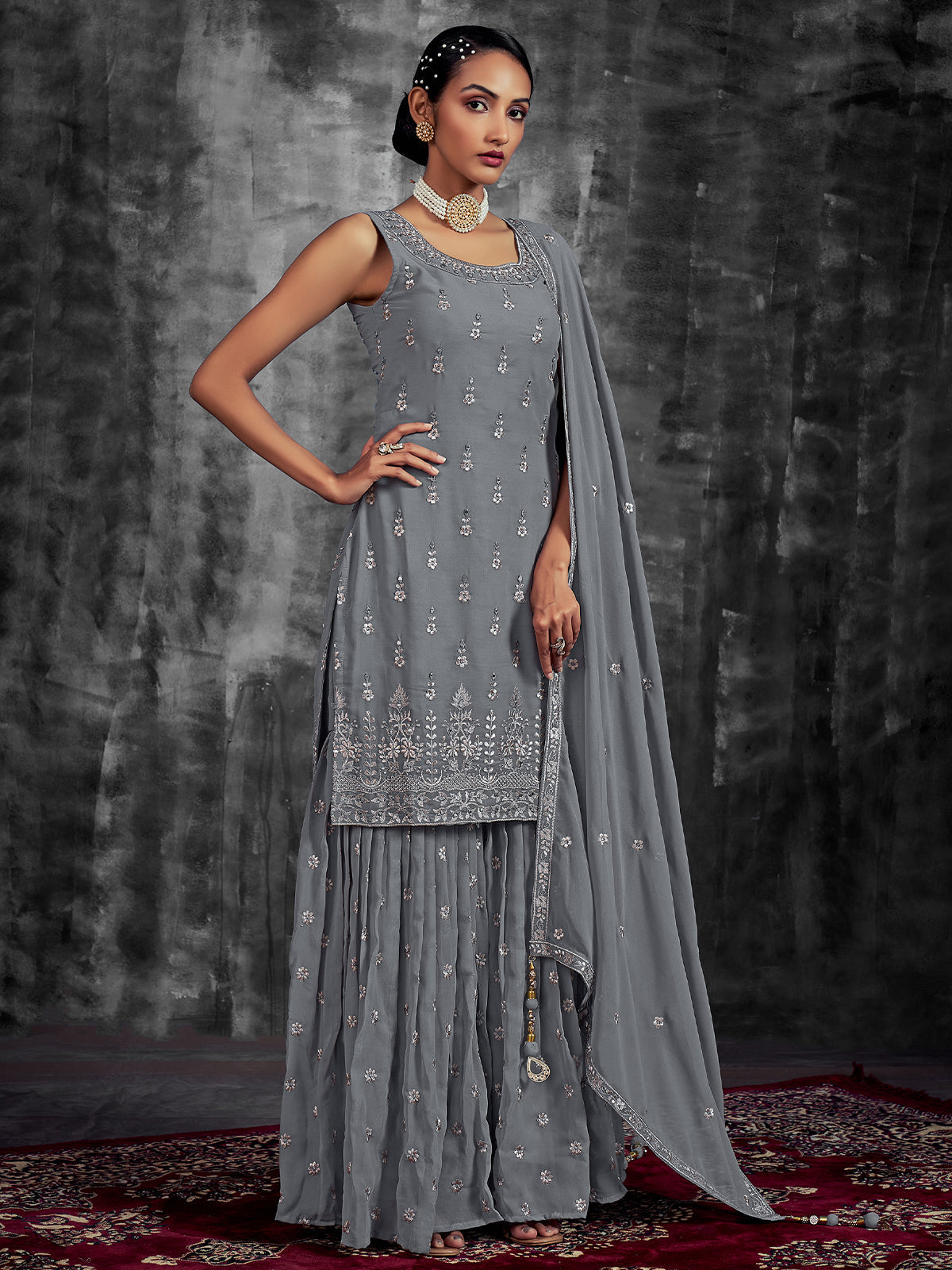 Grey Embroidered Partywear Stitched Kurtaset