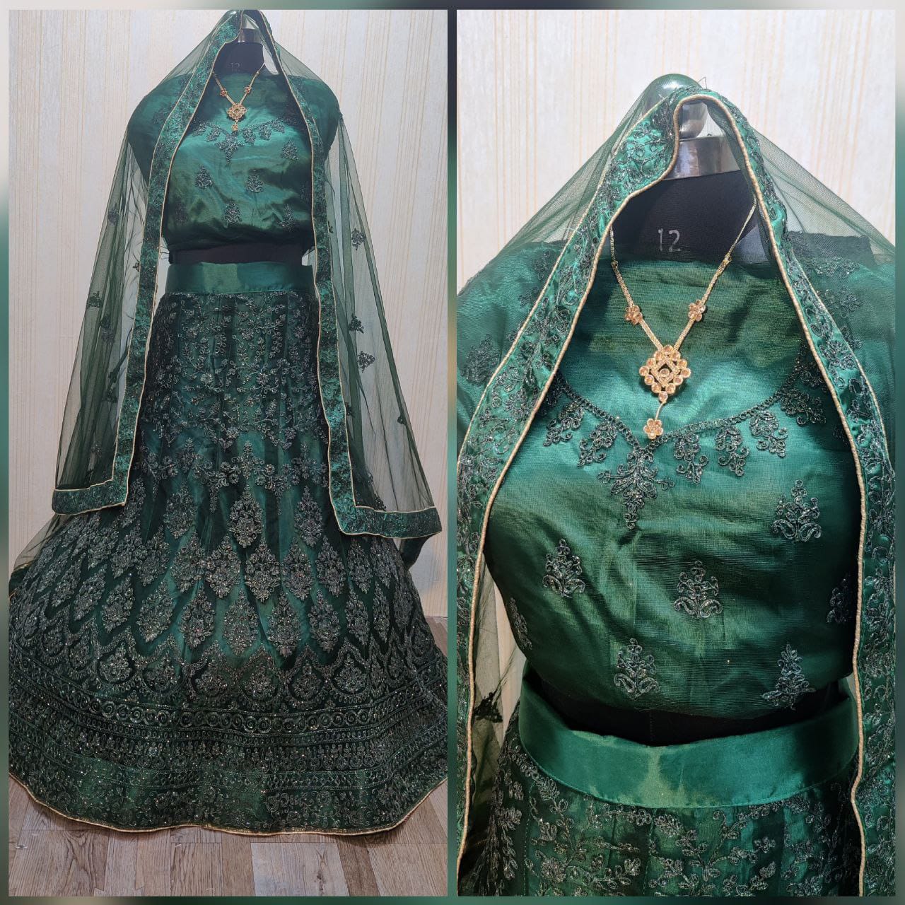 शादी में पहनने के लिए गहरे रंग का सॉफ्ट नेट ग्लिटर कोडिंग कढ़ाई वाला लहंगा चोली