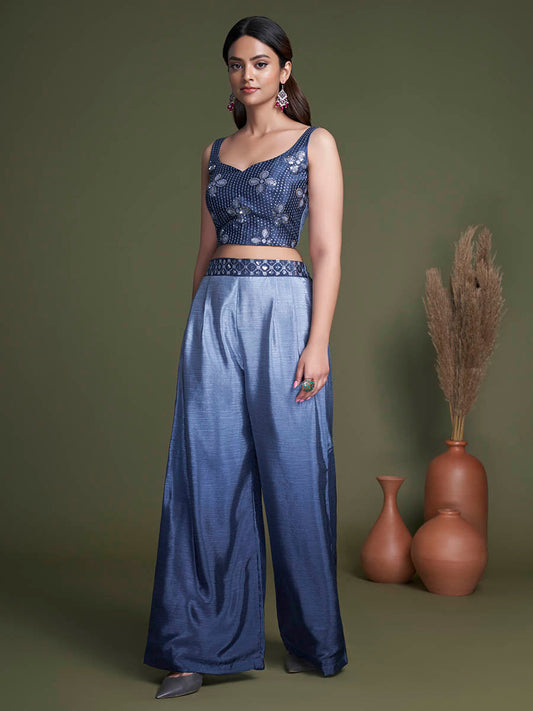 Navy Koti Style Silk and Georgette Embroidered Palazo Suit