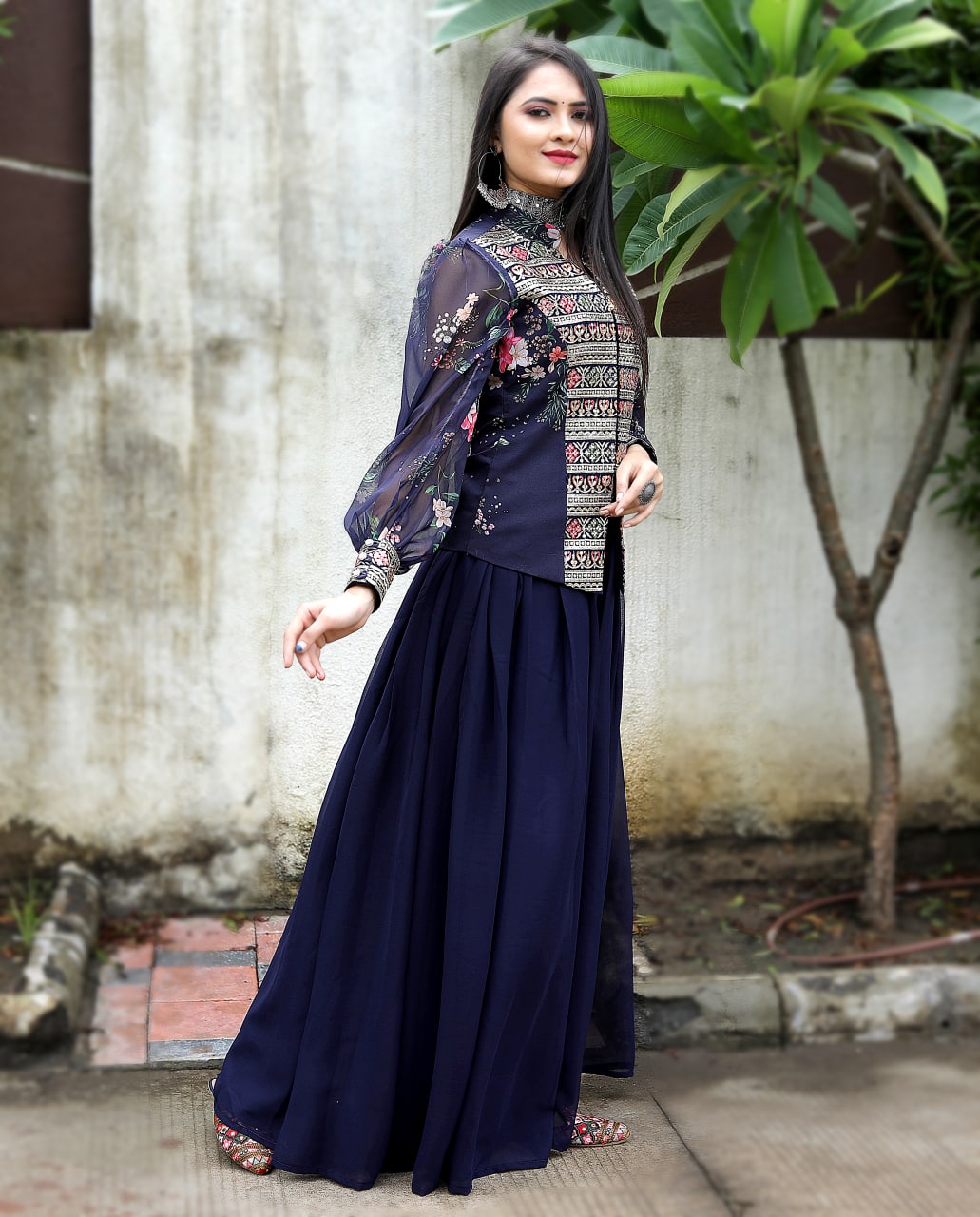 Navy Blue Sharara Suit Set with a Stylish Jacket