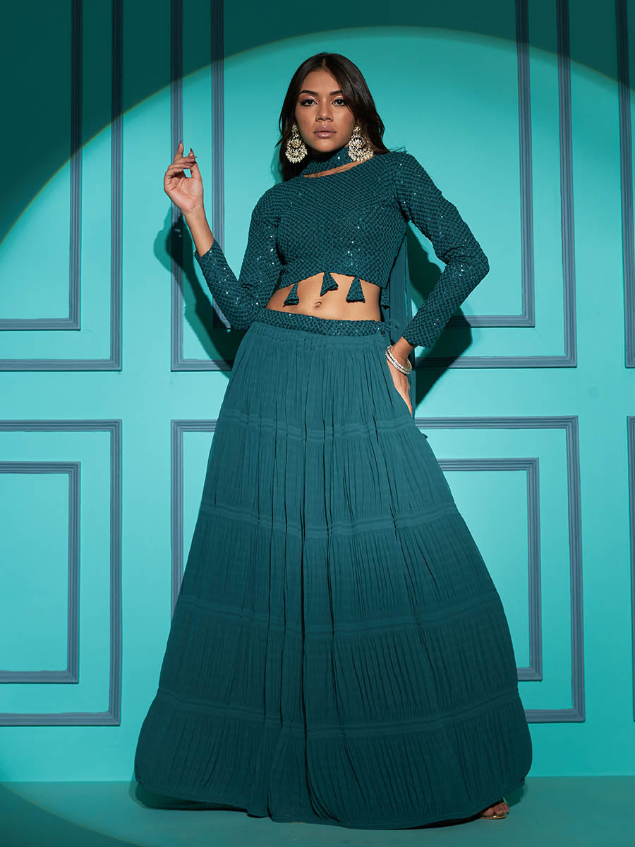 पिस्ता ग्रीन जॉर्जेट कढ़ाई वाला डिजाइनर लहंगा