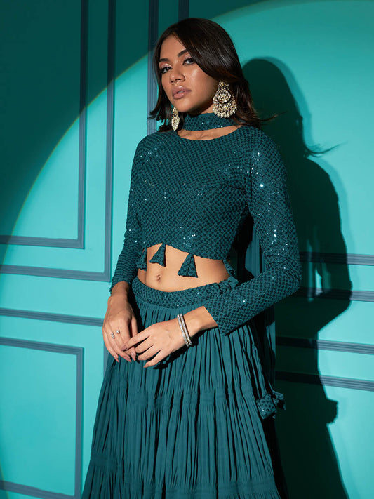 पिस्ता ग्रीन जॉर्जेट कढ़ाई वाला डिजाइनर लहंगा