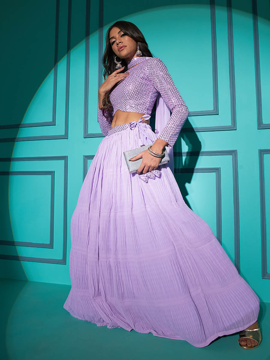 लवेंडर जॉर्जेट कढ़ाई किया हुआ डिज़ाइनर लहंगा