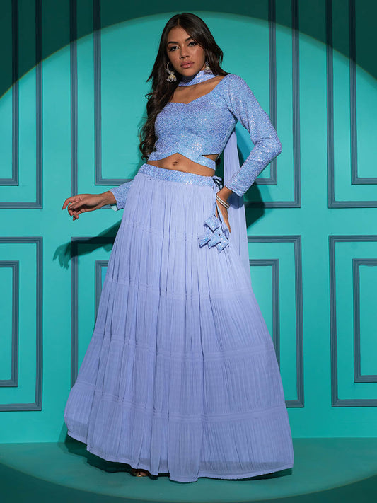 डस्टी स्काई जॉर्जेट कढ़ाई वाला डिजाइनर लहंगा