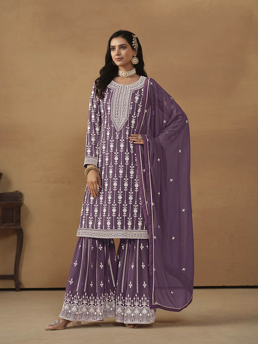 Dusty Purple Georgette Embroidered Palazo Suit