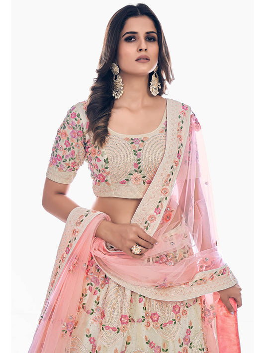 सफ़ेद सॉफ्ट नेट कढ़ाई वाला डिज़ाइनर लहंगा चोली