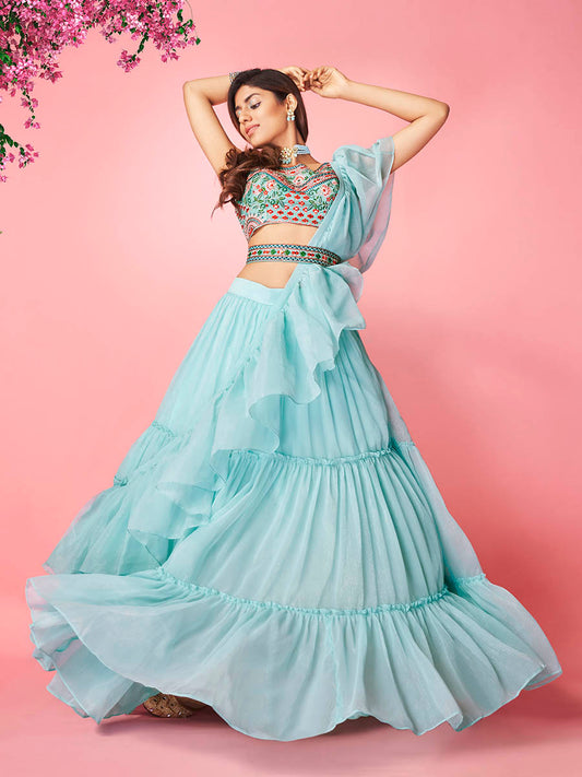 स्काई ब्लू आर्ट सिल्क डिज़ाइनर लहंगा