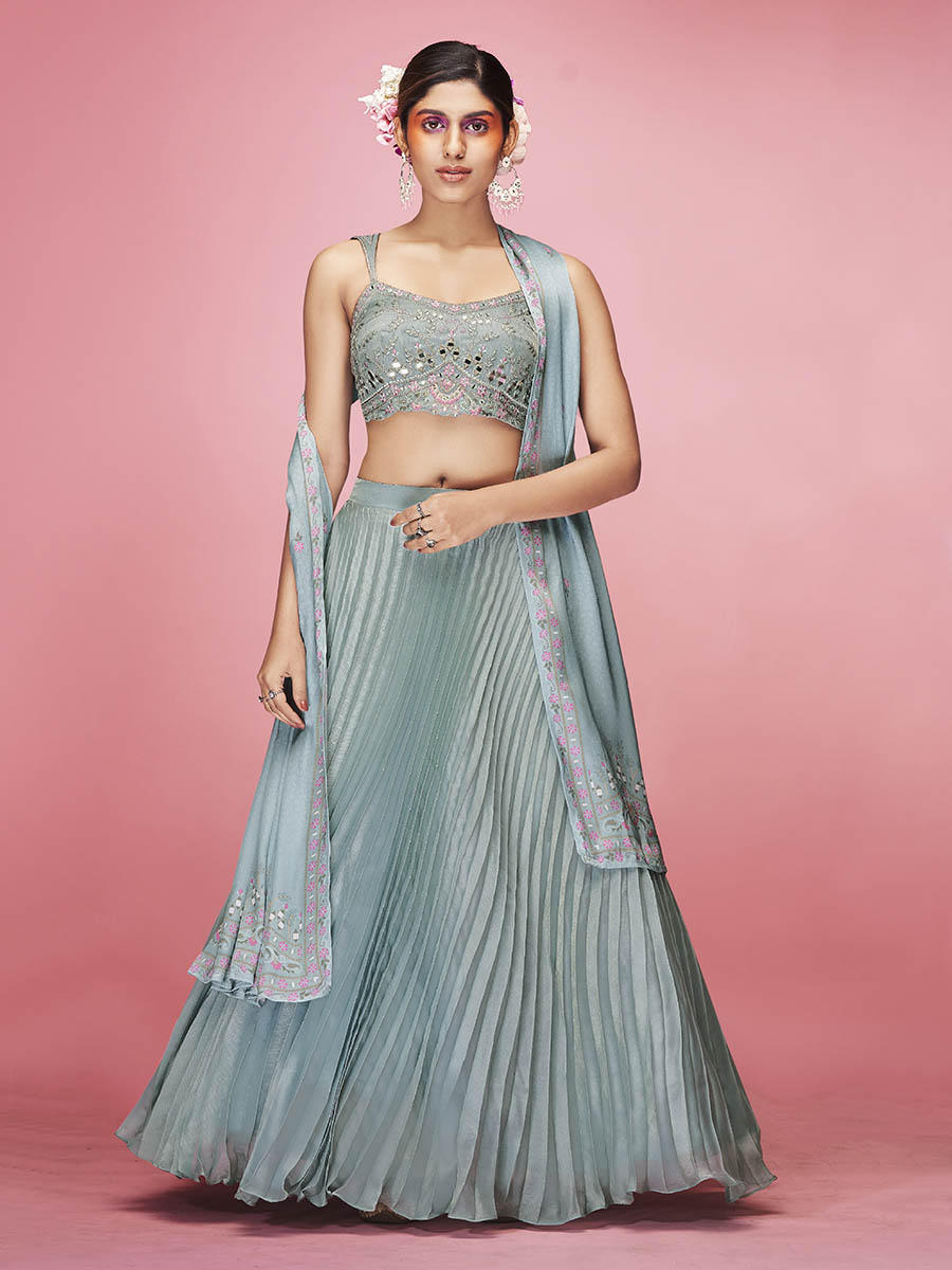 Sky Blue Art Silk Embroidered Designer Lehenga